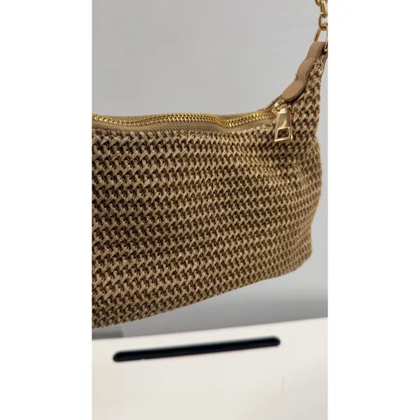 Tan Woven Straw Baguette Shoulder Bag Gold Chain Strap Raffia Style Bag - Image 4