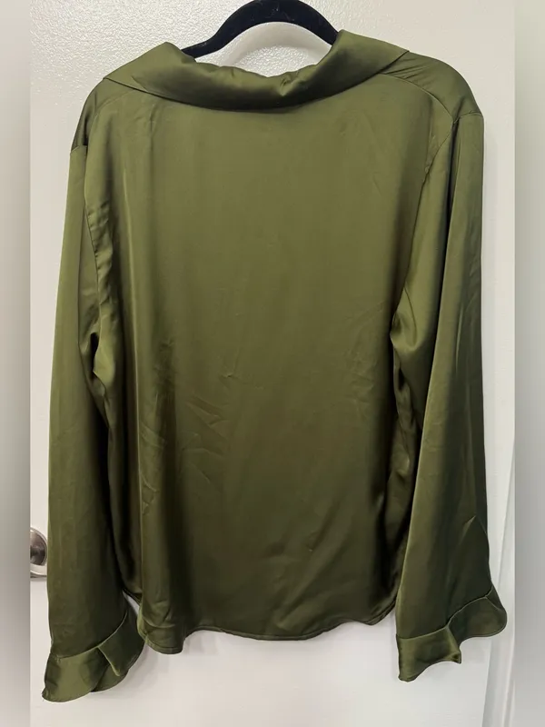 EUC Azazie Olive Green Satin Pajama Top | Ruffled Long Sleeve Sleepwear - Image 2