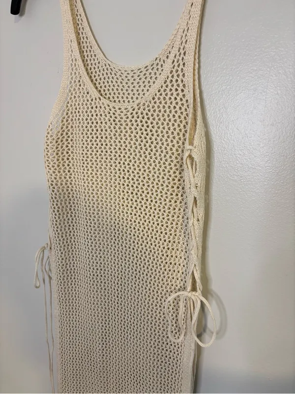 Beige Crochet Tank Maxi Swimwear Coverup Tan Size XS - Image 3