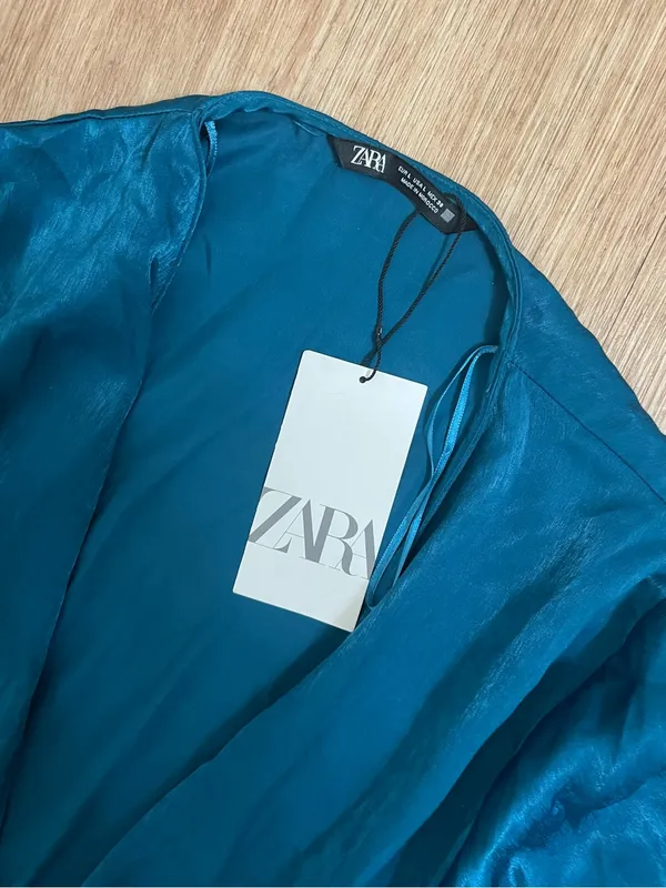 Zaraw Teal Satin-Feel Wrap Midi Dress with Leg Slit - Image 5