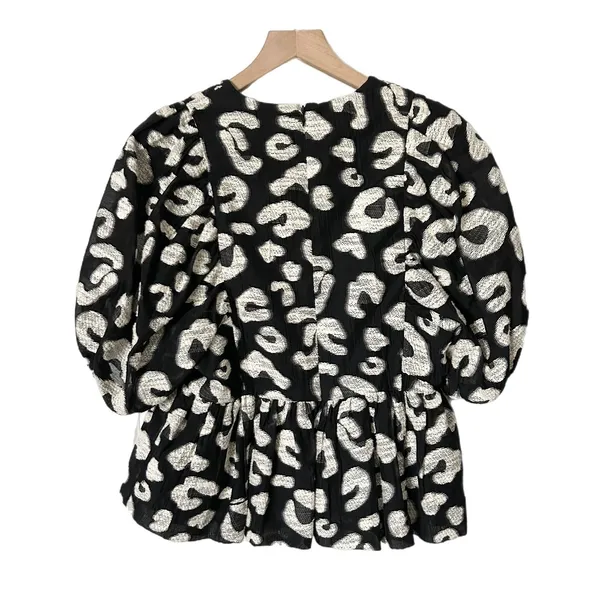 Hunter Bell Leighton Top Cotton Blend Black White Peplum Puff Sleeve V-Neck Sz 8 - Image 3