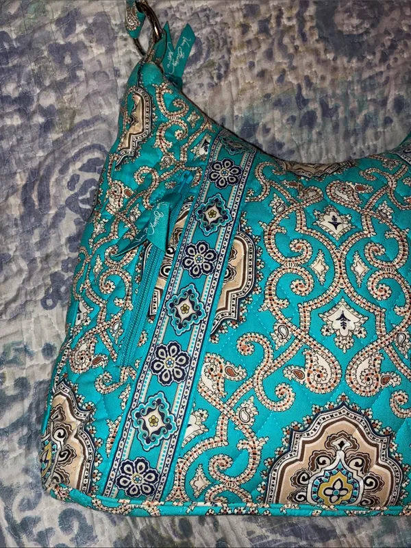 Vera Bradley Totally Turquoise Teal & Brown Tote Bag Shoulder Bag - Image 3