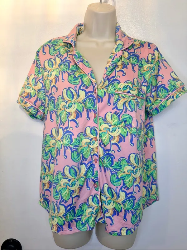 Lauren James LJ Size M Pink Tropical Floral Short Sleeve Pajama Top Sleep Shirt - Image 2