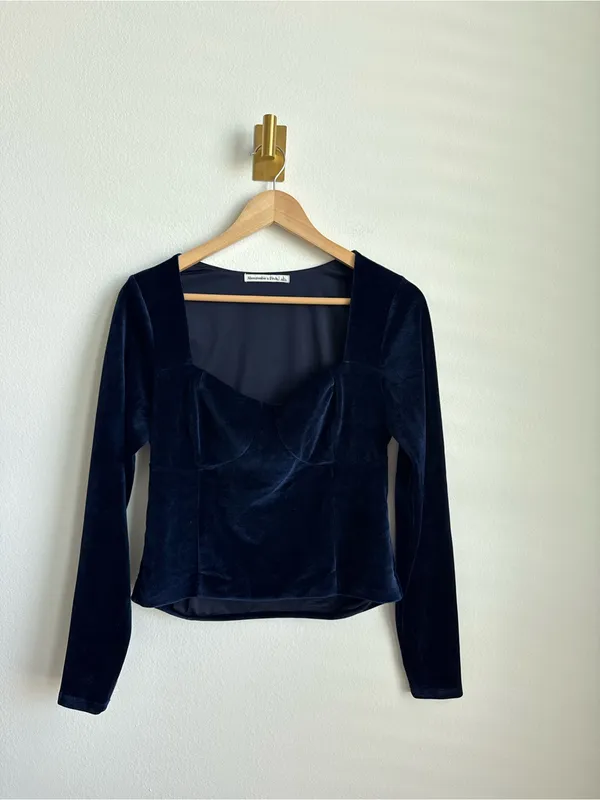 Abercrombie & Fitch Women's Blue Velvet Corset Top Long Sleeve Size Large - Image 3