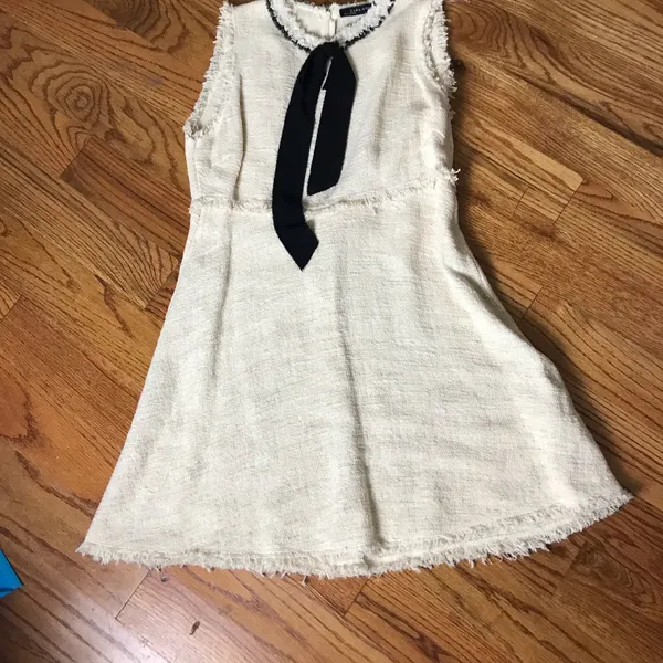 Zara Cream Tweed Sleeveless Dress with Black Bow - Image 4