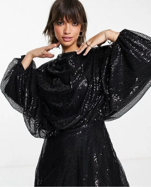 ASOS DESIGN embellished mini dress with cowl neck and blouson sleeve - Image 3