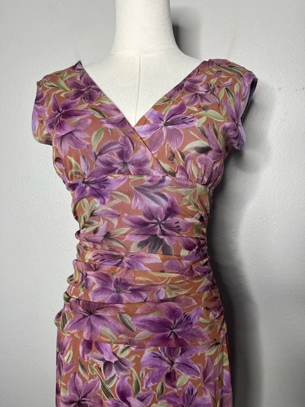 90s Vintage Purple Floral Mesh V Neck Ruched Drop Waist Dress Preppy Party - Image 3