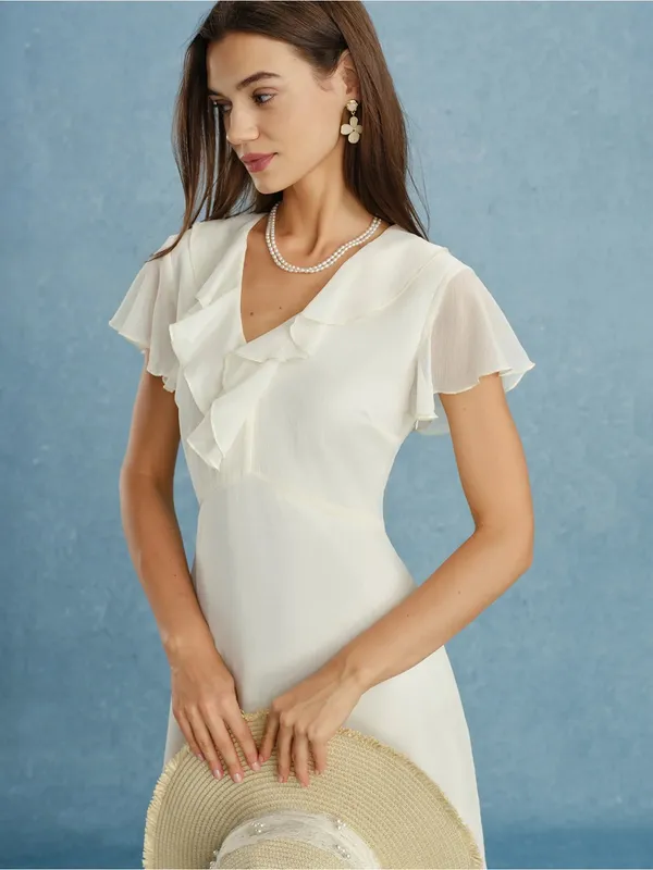 Rihoas Apricot V Neck Ruffle Chiffon Midi Dress - Image 3