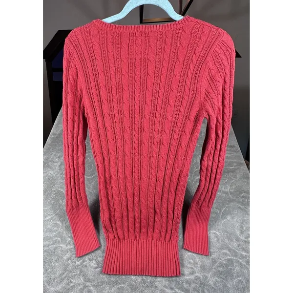 Y2K American Eagle V Neck Fitted Cable Knit Red Sweater Preppy Bella Swan Sz M - Image 3