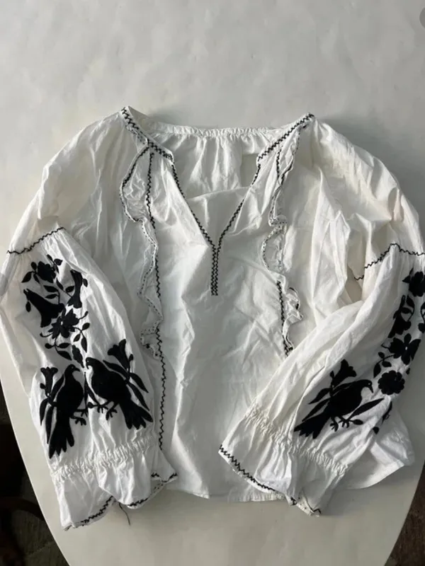 Joie Cleavanta Traditional Mexican Inspired Embroidered White Blouse Top M $228 - Image 3