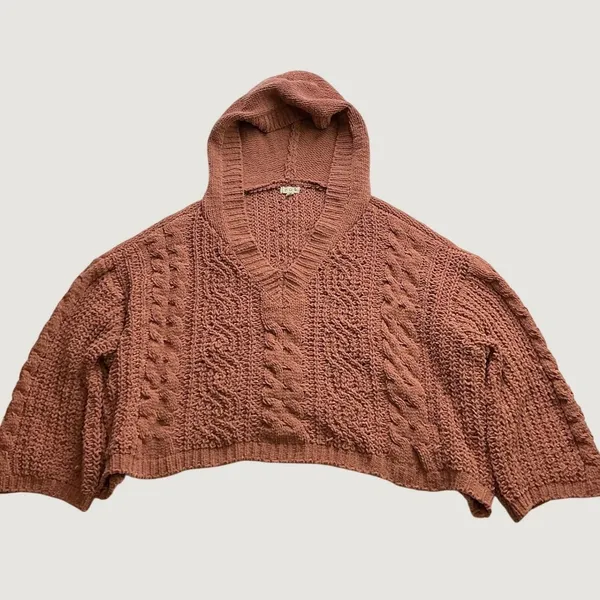 POL Womens Dusty Rose Chunky Cable Knit Cropped Hooded Sweater Small Oversized - Image 2