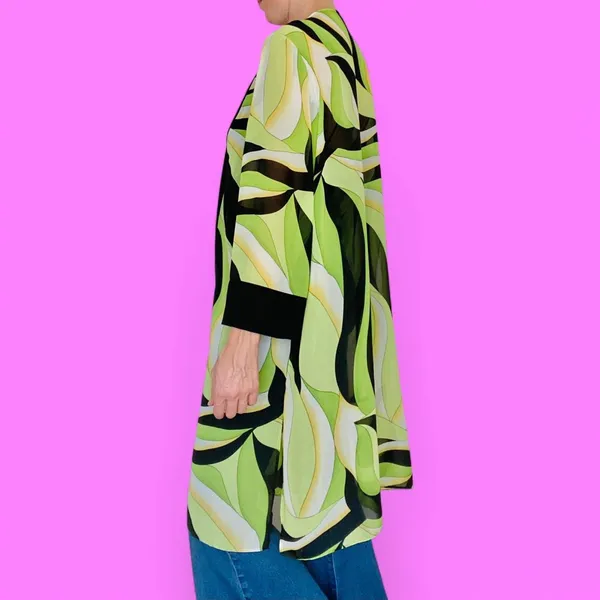 Vintage Green Black Abstract Edgy Art Open Long Sheer Cardigan - Image 3