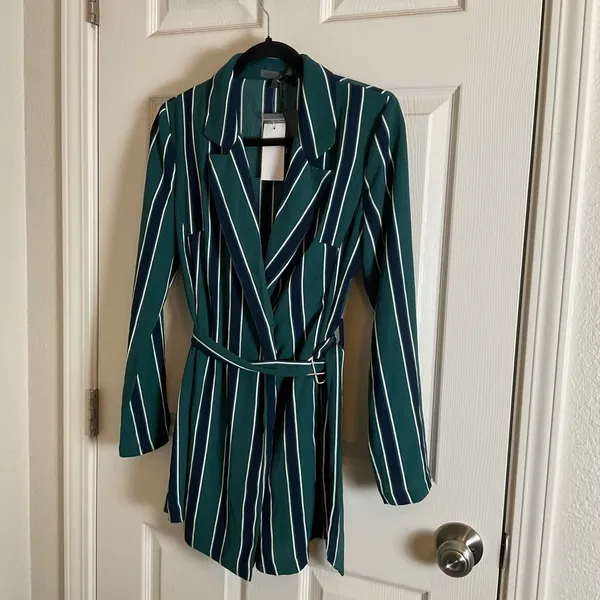 Rules of Etiquette Green & Navy Striped Blazer Romper Size Small NWT - Image 10
