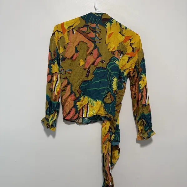 Sezane Anya Wrap Silk Blend Multicolor Tropical‎ Print V-Neck Blouse Size 34 - Image 8