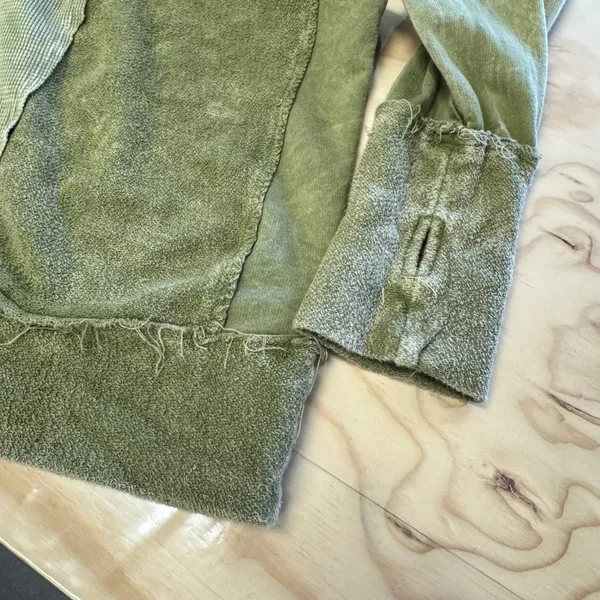J.HER Olive Green Mixed Media Thermal Waffle Knit Hoodie Oversized Distressed Lg - Image 7