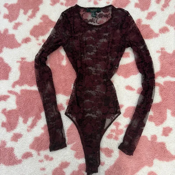 Forever 21 ✨ Y2K Dark Cherry Lace Bodysuit ✨ Sheer Floral Mesh Long Sleeve Goth Coquette Fairy Top XS - Image 5