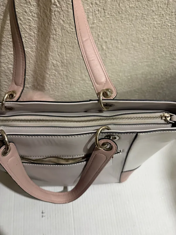 Guess Blush & Cream Colorblock Tote Bag Gold Logo Charm Pom Pom Large - Image 12