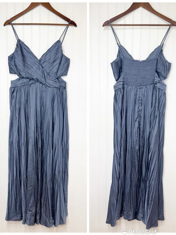 ASTR Capitola Pleated Blue Satin Midi Dress Large Wedding Guest Romantic Party - Image 2