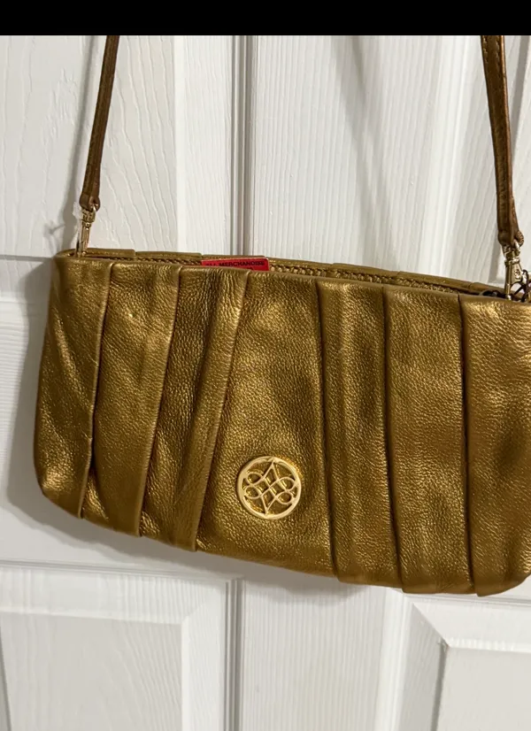 Antonio Melani Gold Metallic Genuine Leather Shoulder Bag Pleated Zip Purse - Image 9
