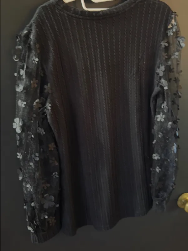 Black Knit Top with Floral Mesh Sleeves - Image 3