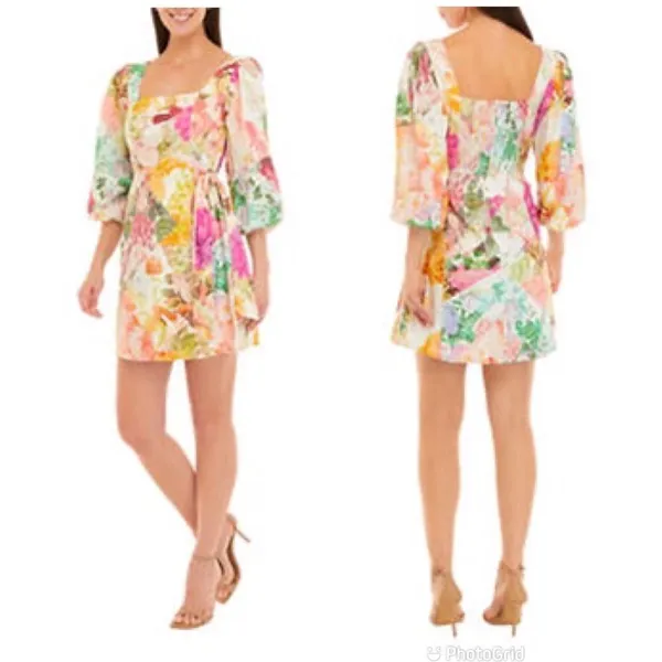 VINCE CAMUTO Floral Print Mini Dress Size 2 Pink Green Cotton‎ Linen Tie Waist - Image 3