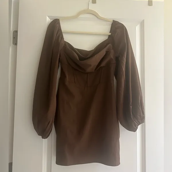 Princess Polly LILLIE LONG SLEEVE MINI DRESS BROWN size small - Image 5