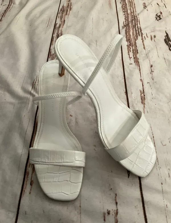 Zara Alligator Embossed White Strappy Heeled Sandals - Image 9