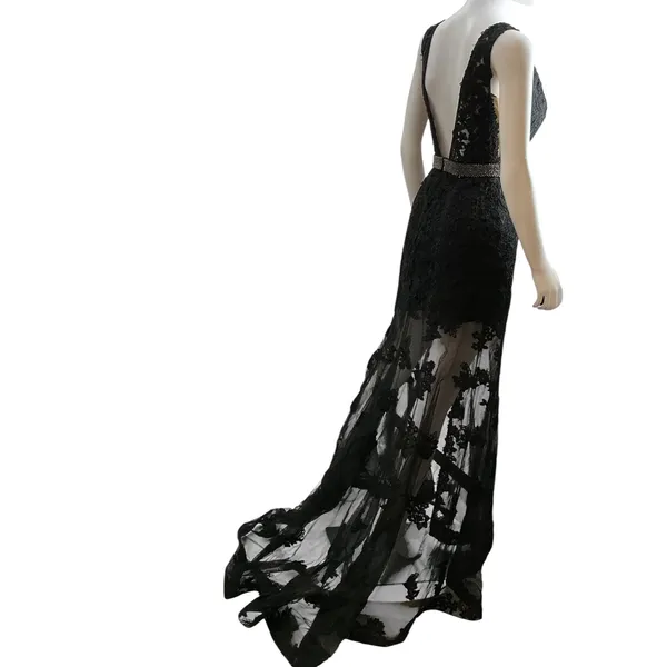 Sherri Hill Black Lace Plunging V-Neck Beaded Waist Formal Gown Dress Size 4 - Image 13