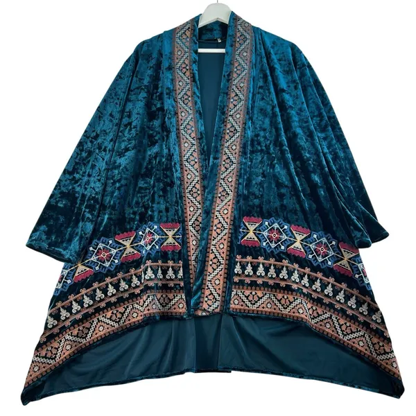 Boho Large L Crushed Velvet Kimono Embroidered Teal Open Front ANDREE By Unit - Image 2