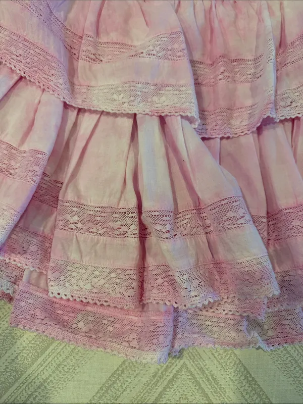 LoveShackFancy Pink White Tie Dye Lace Tiered Mini Skirt Size Medium - Image 2