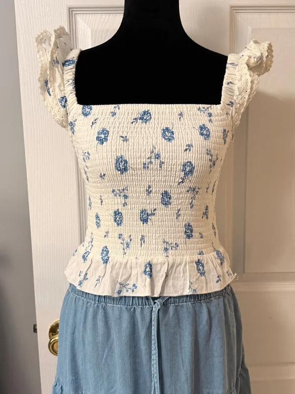 Kirious‎ LA Blue Floral Smocked Peplum Tank Cottage Summer Top M - Image 2