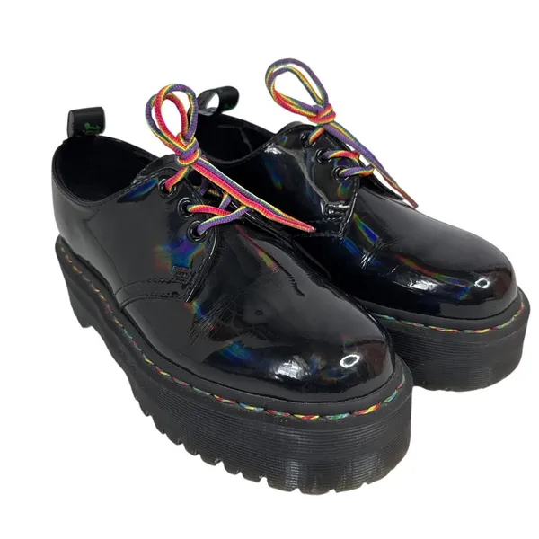 Dr. Martens 1461 Quad Rainbow Patent Platform Shoes black size 7 ladies 6 Men - Image 3
