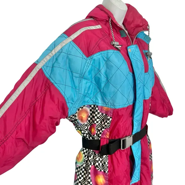 Vintage 90s Blue Pink Checkerboard Hooded Ski Suit One Piece Size S *GOOD* - Image 13