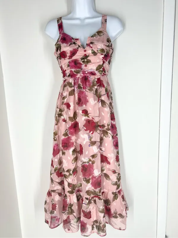 Lulu’s Pink Floral Tie-Shoulder Midi Dress - Image 4