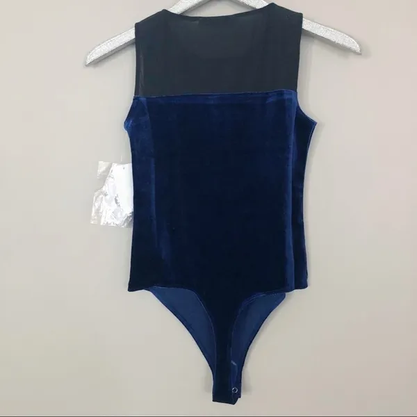Good American The Mixed Velvet Bodysuit Navy Blue and Black NEW - Image 6