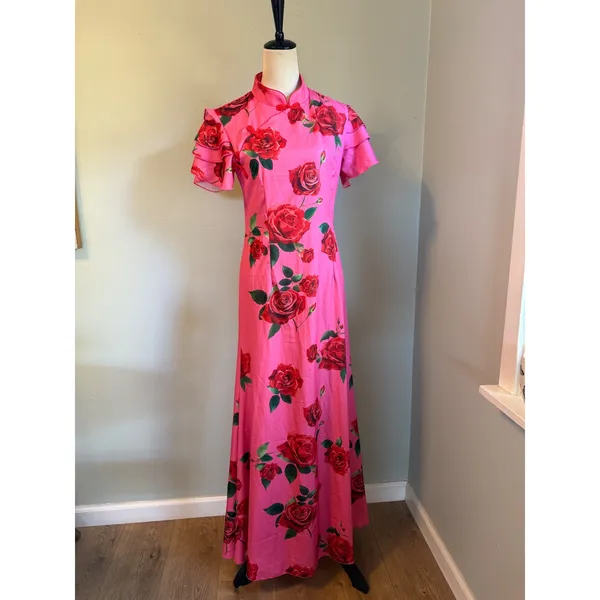 Pink Floral Rose Cheongsam Maxi Dress Mandarin Ruffle M y2k romantic dainty boho - Image 2