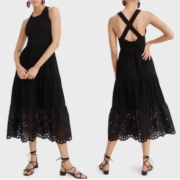 J. CREW Tiered Cotton Black Boho Eyelet Hem Summer Boho Long Dress S - Image 2