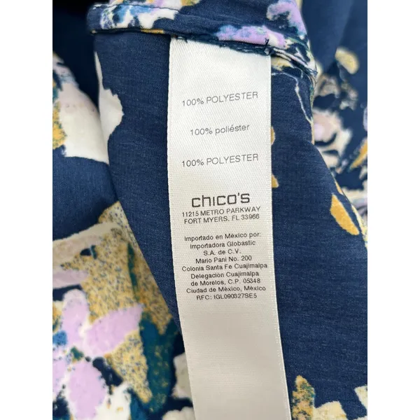 CHICO'S 0 Floral Peasant Blouse Women Small 4 Navy Blue Long Sleeve Split‎ Neck - Image 10