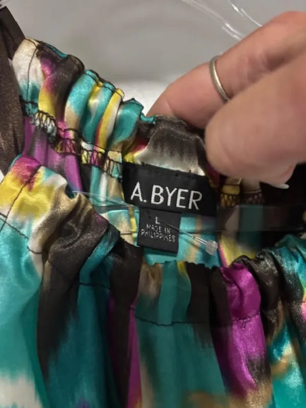 A. Byer Abstract Multicolored Print Satin Halter Top Tie Shoulder NWOT Size L - Image 7