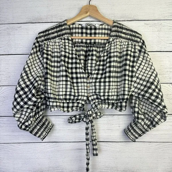 Zara Womens XS Gingham Top Cropped Plaid Flannel Black White Puff Sleeve‎ - Image 2