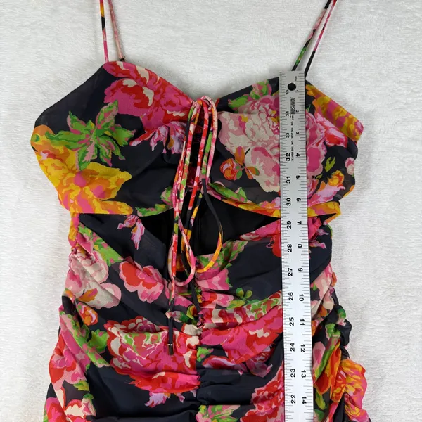 Runaway the Label Floral Ruched Cut Out Mini Dress Black Pink US 4 S - Image 5