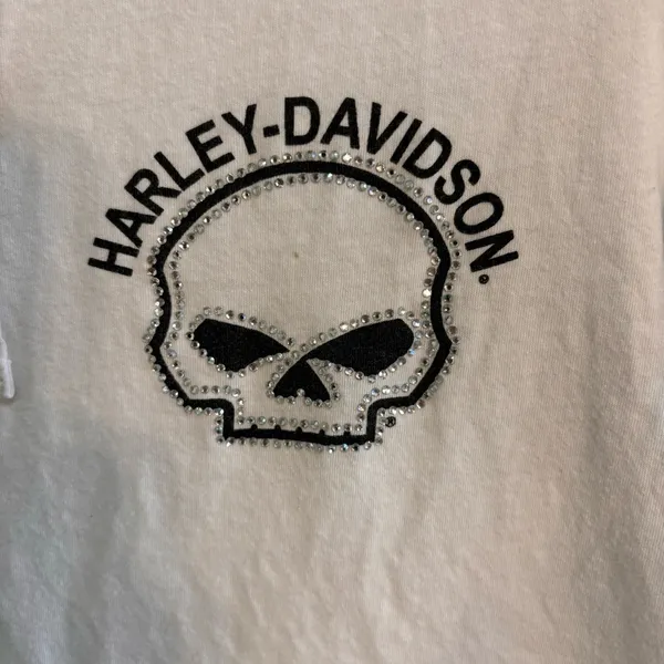 Harley Davidson womens logo bling skull henley short sleeve t-shirt white large - Image 2