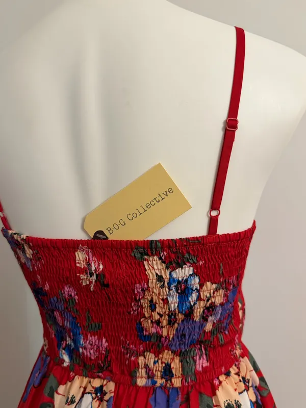 Red Maxi Dress w/Vibrant Floral Print & Pockets - Image 5