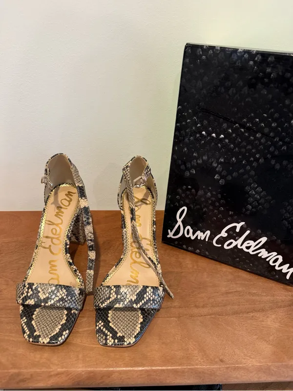Sam Edelman Snake-Print Ankle-Strap Block Heels in Beige and Black - Image 2