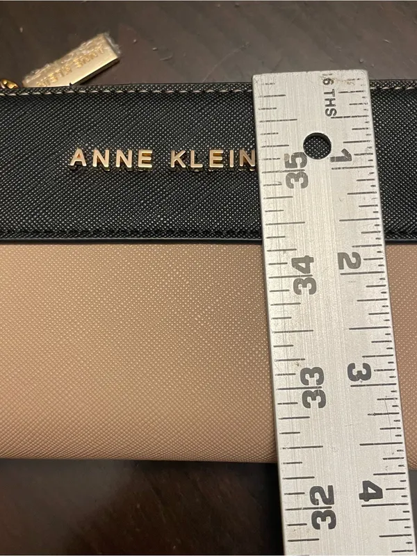 Anne Klein Bifold Wallet Women’s Color Block Tan Black Gold Letter Faux Leather - Image 3