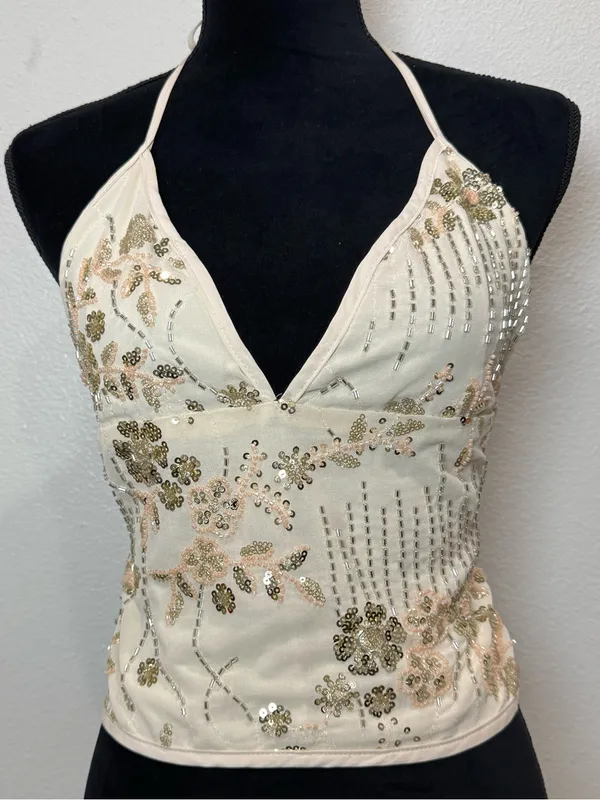 Y2k Sequin Beaded Halter Top Ivory Fairycore Coquette Party Going Out Corset - Image 2