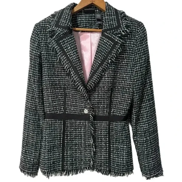 BISOU BISOU Michelle Bohbot Tweed Fringe Black Blazer Jacket Women’s Sz 6 Small - Image 2