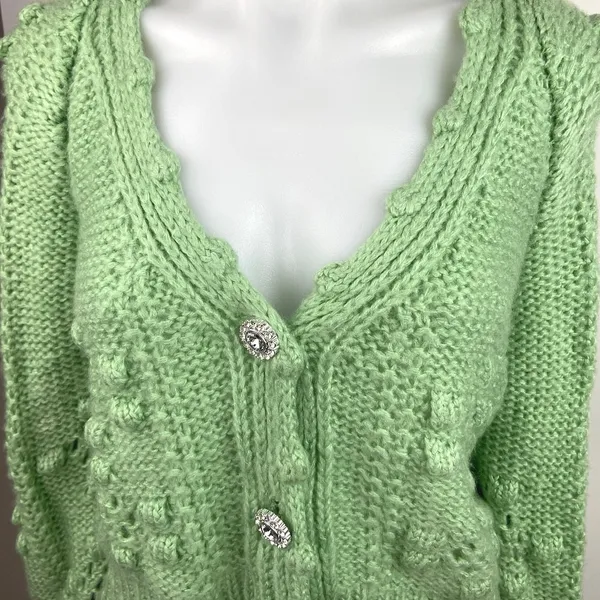 Sunday Up Green V Neck Popcorn Crochet Knit Button Down Cardigan Sweater Top S - Image 3