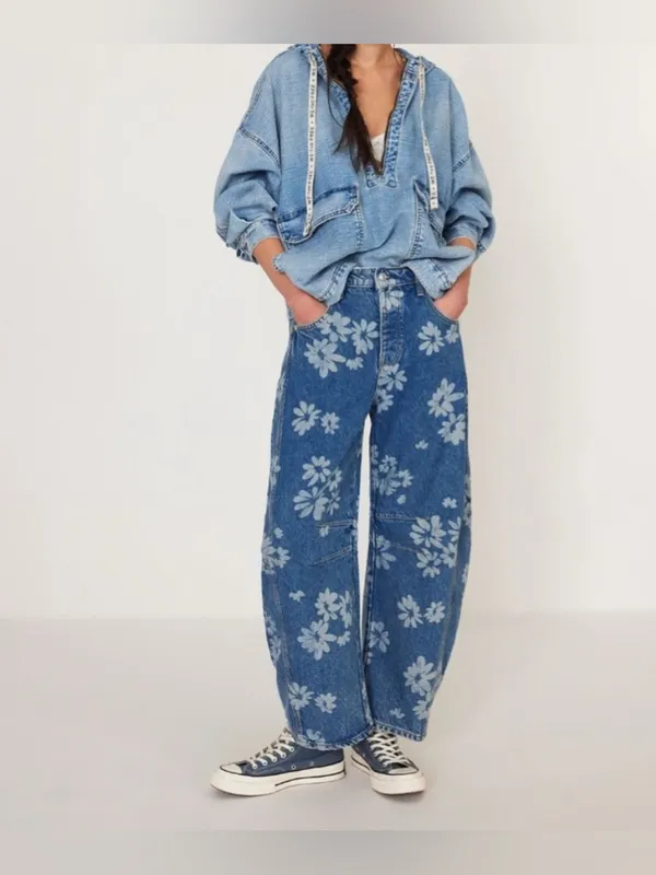 NWT Free People We The Free Good Luck Printed Barrel Jeans - laser Daisy - 33 - Image 8