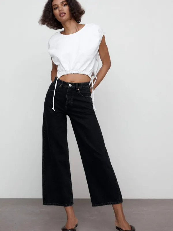 Zara High Rise Wide Leg Coulette Bermuda Crop Length Jeans Black Size 14 - Image 2